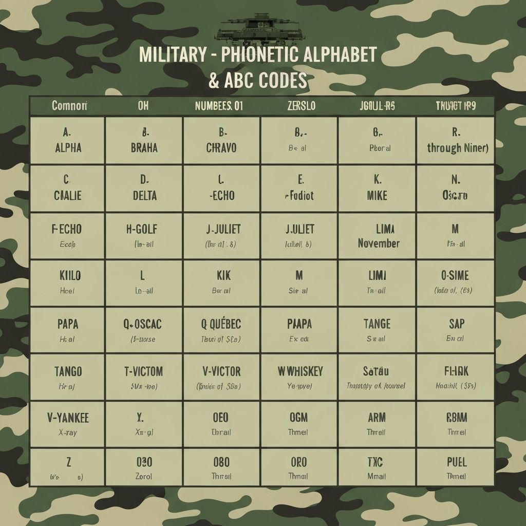 Military ABC Codes Reference Chart showing phonetic alphabet and military communication standards